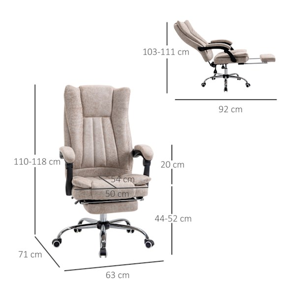 Kontorstol Drejestol Skrivebordsstol Med Tilbagelænet Funktion Fodstøtte Højdejusterbar Mikrofiber Beige + Sort + Sølv 63 X 71 X 110-118 Cm