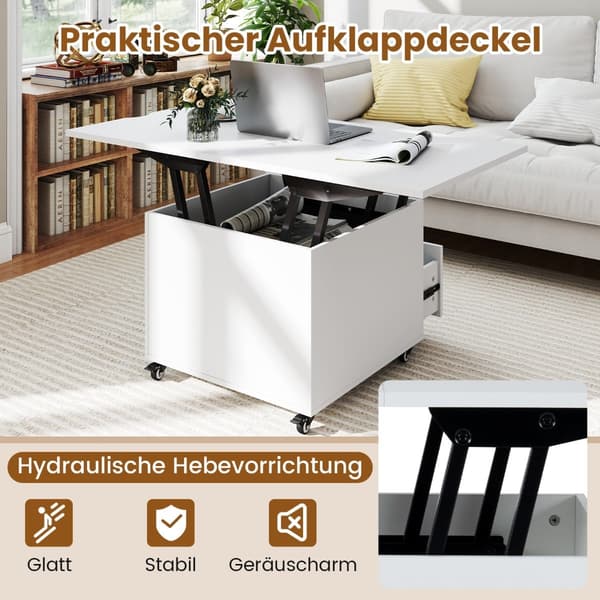 Lyftbart soffbord med förvaring, vitt, mobilt