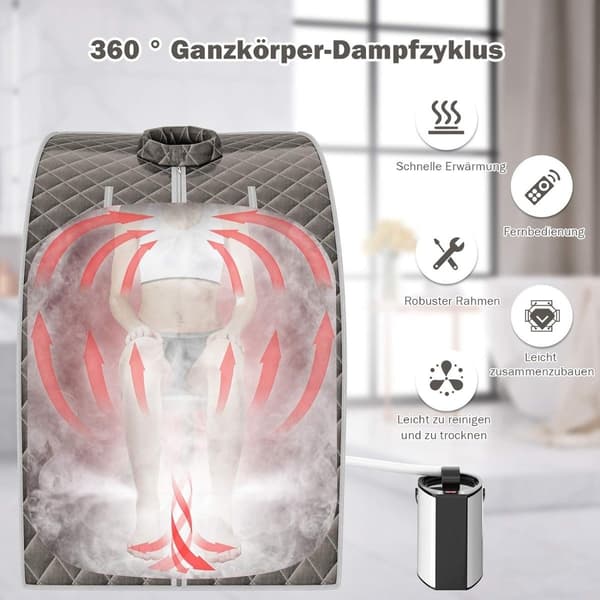 Bärbar ångbastu, 3L 1000W, 9 Tempinställningar, Grå