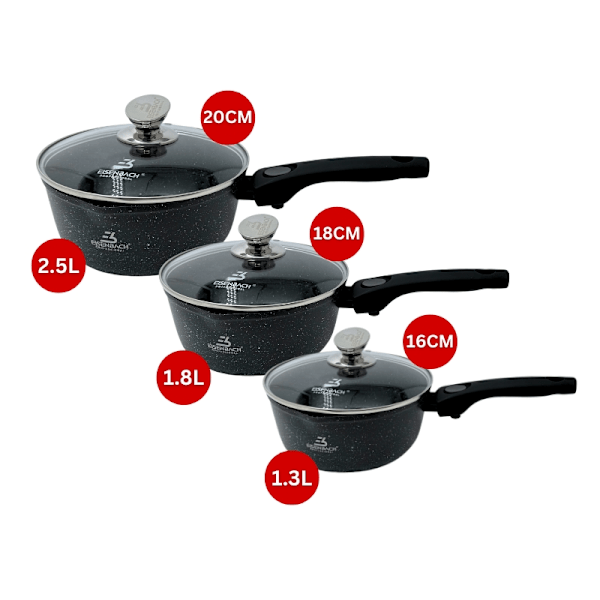 Eisenbach EB-MSP02: Greblon marmorbelagd såsgrynssats i aluminium - 16 cm, 18 cm, 20 cm