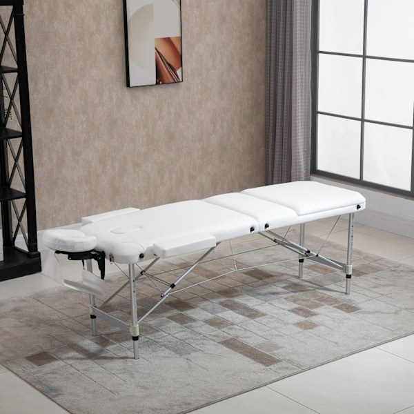 Sammenklappeligt massagebord, højdejusterbart med pude til salon & spa, plastik & aluminium, hvid, 215 x 60 x 61-84 cm