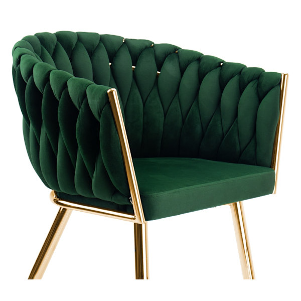 Matstol i sammet, guldfärgade ben, mörkgrön, flätad design
