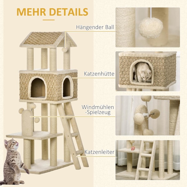 Skrapstolpe Stort Kattträd 130Cm, Med Kattgrotta & Lekbollar, Jutestammar, Khaki + Beige, Spånskiva Plysch