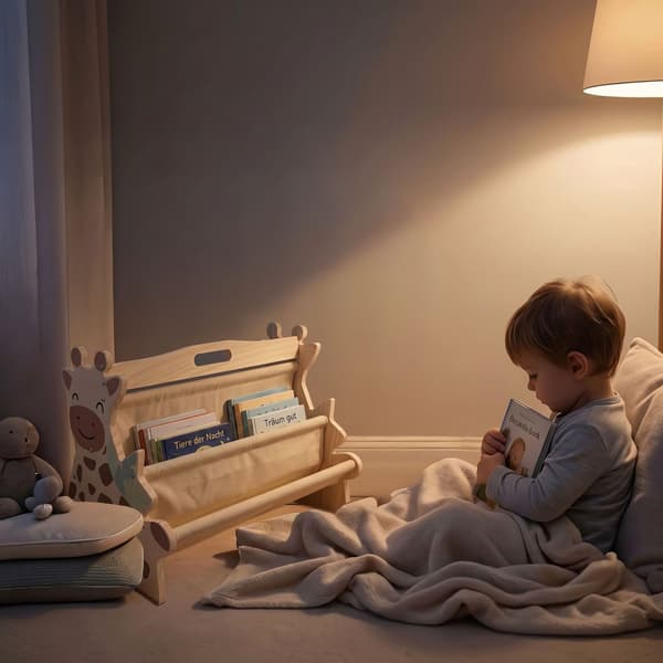 Barnbokhylla med 4 tygfickor – Giraffdesign
