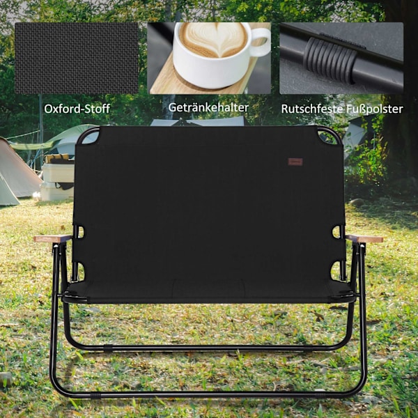 Campingstol 2-sits hopfällbar bärbar trädgårdsstol regissörsstol hopfällbar stol med mugghållare för utomhus picknick vandring max. belastning 160 kg