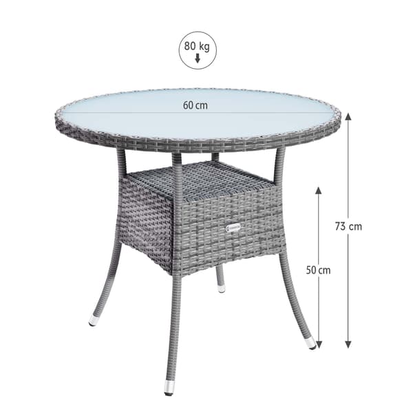 Runt grått polyrattanbord med hyllplan, Ø60 cm