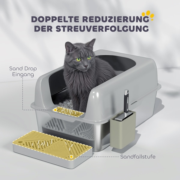 Kattebakke med låg, kattebakke med scoop, balje i rustfrit stål, kattetoilethus med opbevaringsboks til katte under 4,5 kg, indendørs, lysegrå