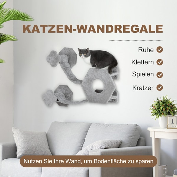 Kattklättervägg, kattsäng med trappsteg, kattgrotta, hopptorn, leksaksboll, kattplattform för katter upp till 5 kg, ljusgrå