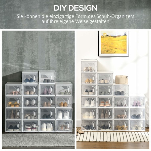 Setti 18 modulaarista kenkäsäilytyslaatikkoa läpinäkyvillä ovilla - mitat 25L x 35L x 19K cm