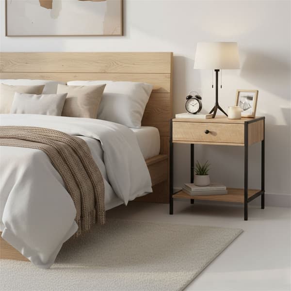 Loft sengebord med skuffe og hylde – lys eg