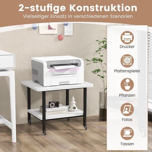 Printerbord med 2 niveauer og låsbare hjul, printerstander, printervogn, hvid