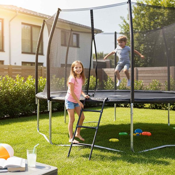 Sort trampolinstige til påhængning – stål, nem montering