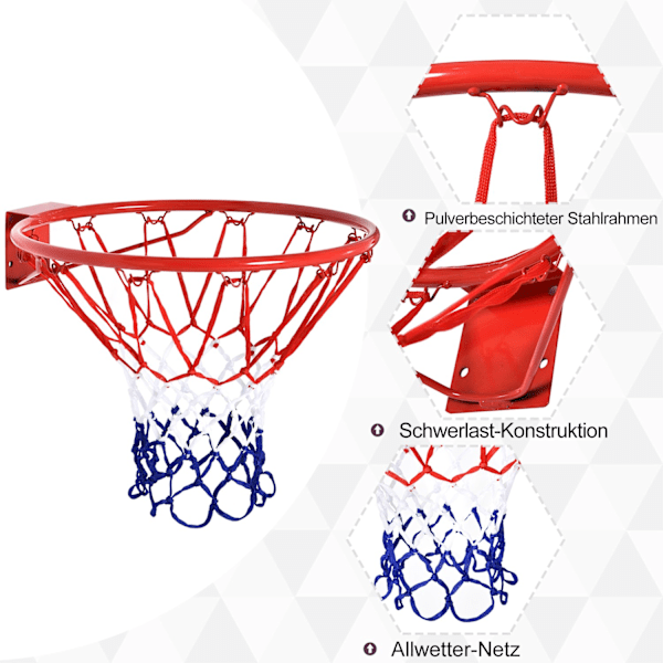 Basketballnet Basketballbøjle med net, stålrør + nylon, rød + blå + hvid, ø46 cm