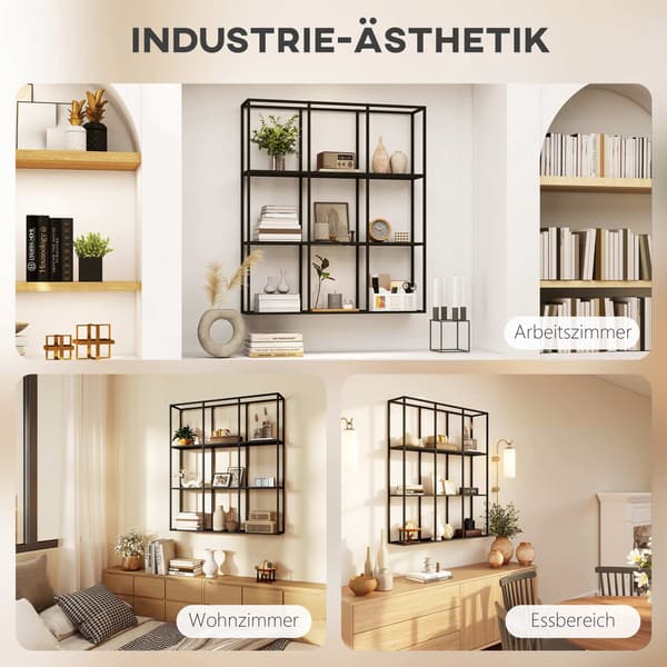 Industriel metalvæghylde med 9 rum, sort