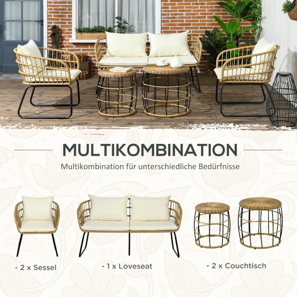 5-Delt Havemøbelsæt I Rattan, Siddeområde Med Hynder, Havesæt Med 2 Sofaborde, 2 Lænestole, 1 Dobbelt Sofa, Siddesæt, Stål, Beige