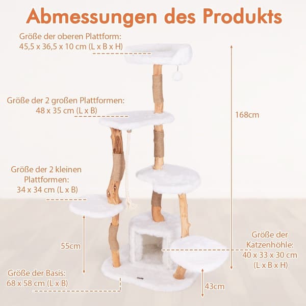 168 cm kattetræ med platforme, hule og sisalstolper