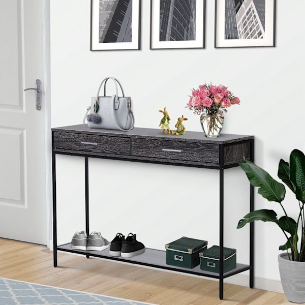 Konsolbord, Indgangsbord, Sidebord, 2 Skuffer, Nederste Hylde, Stål, Grå, 120 X 30 X 81,5 Cm