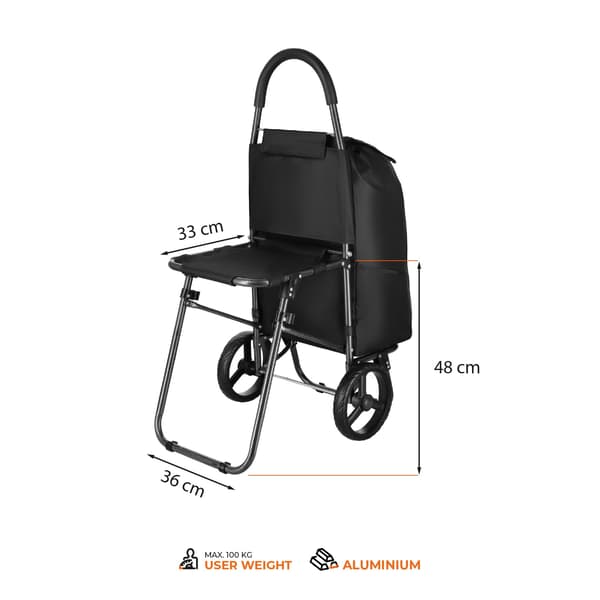 Indkøbsvogn med sæde, 40L, sort, stålramme