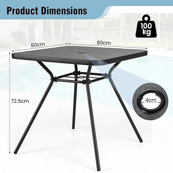 Firkantet spisebord til terrasse, 80 cm, 4 cm hul til parasol