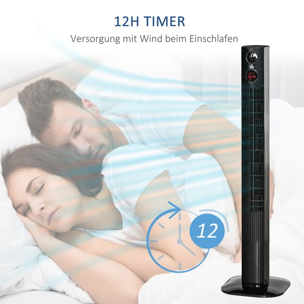 Tower Ventilator Søjleventilator Med Fjernbetjening, Aroma Diffuser, Timer, 3 Niveauer, 45W, 70° Oscillation, Sort