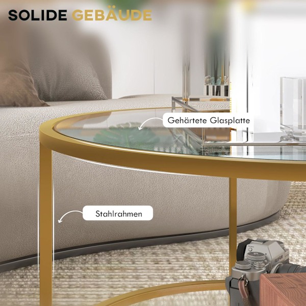 Sidebord rundt sofabord med hylde, stålstel, sofabord, natbord til stue, soveværelse, guld, Ø60 x 43 cm