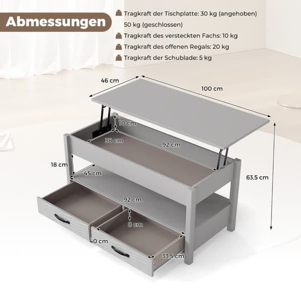 Justerbart soffbord med lyftbar topp och 2 lådor
