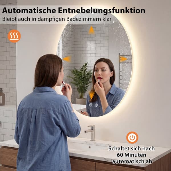 Oval badrumsspegel 70x50 cm, LED, imfri, dimbar