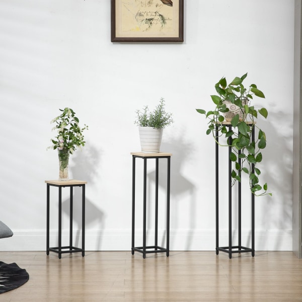 Plant Set 3-Osainen Kukkajakkara Ja Kukkaruukkuteline Teräksestä, Musta + Luonnollinen