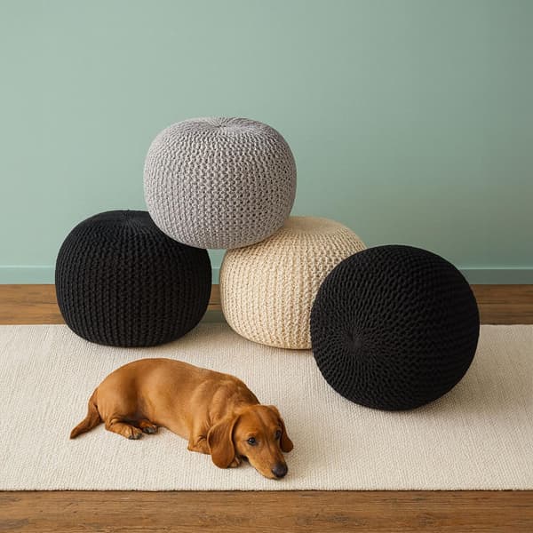 Strikket puf – rund, bohemedesign, polystyrenfyld