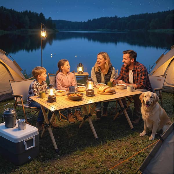 Hopfällbart campingbord i aluminium, 117x60 cm, ihopfällbart trälook