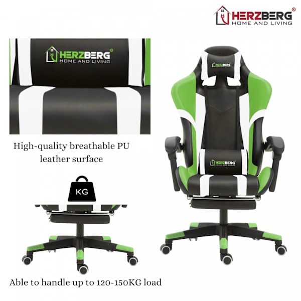 Herzberg HG-8083: Kolmivärinen peli- ja toimistotuoli, jossa lineaarinen korostus sininen