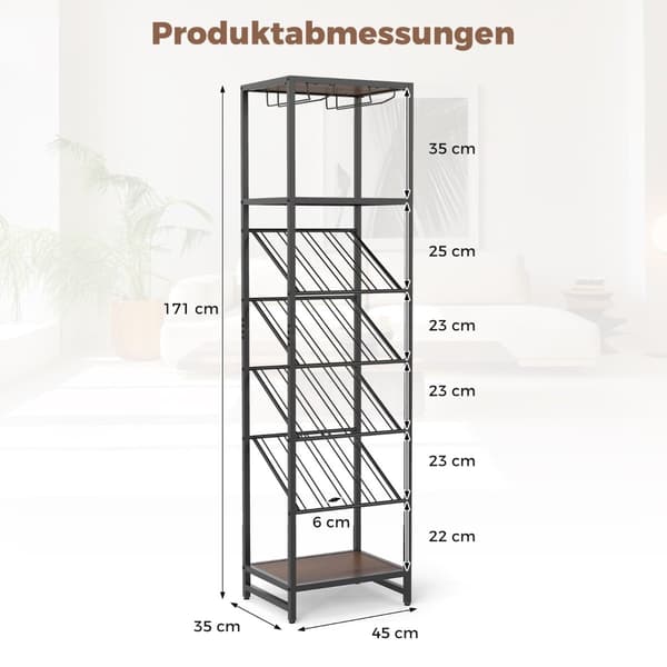 7-tasoinen viiniteline lasitelineillä ja hyllyillä, musta