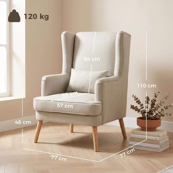 Wingback-tuoli, pellavajäljitelmä beige, ristiselän tyyny