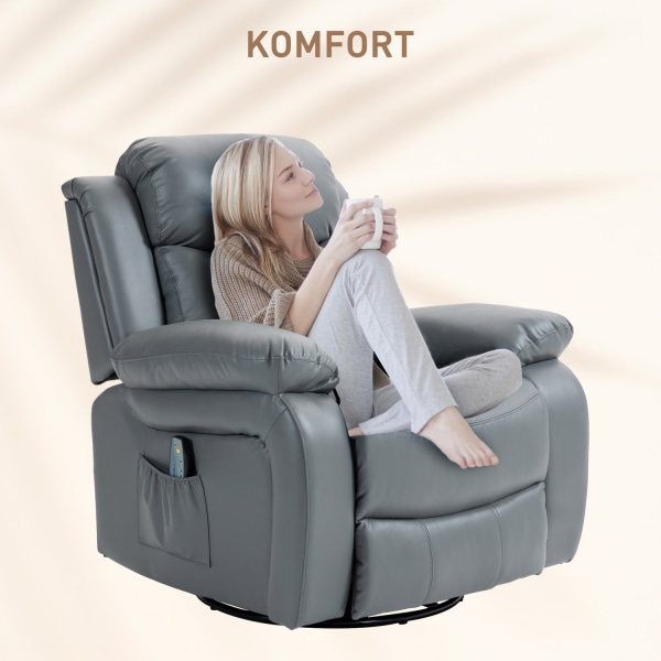 Relaxstol, Massagefunktion, Elektrisk Tv-Stol, 8 Vibrationshuvuden, Vippfunktion, Vridbar, Fjärrkontroll, Sidoficka, Konstläder, Grå