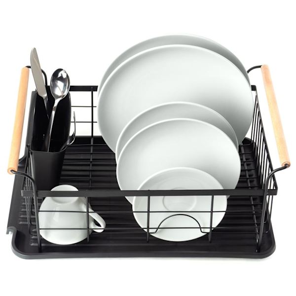 Elegant svart diskställ med droppbricka och plats för allt