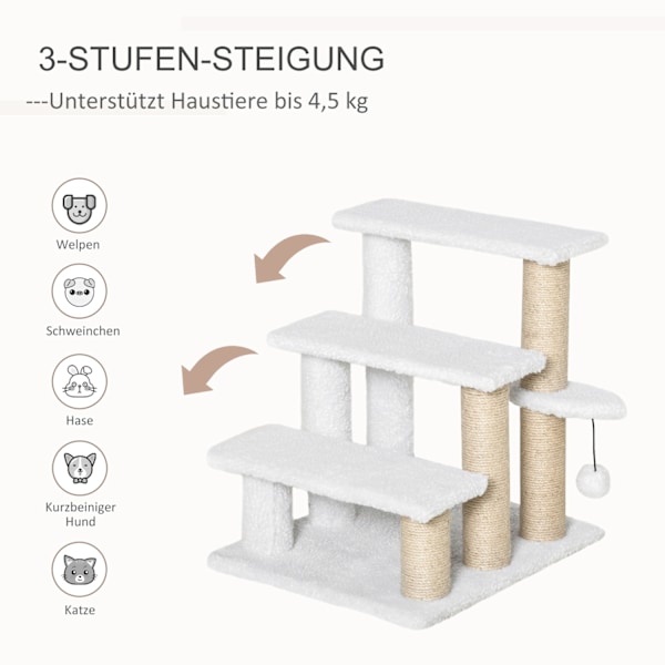 Pet Trappe Med Kradsestolpe Kugle 3-Trins Kattetrappe Hundetrappe Dyretrappe Spånplade Plys Jute Hvid 45 X 40 X 48 Cm