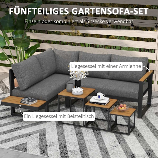 5-delt havemøbelsæt med hjørnesofa og dobbeltsofa, sofabord, altanmøbelsæt med sædehynde, haveloungesæt, grå