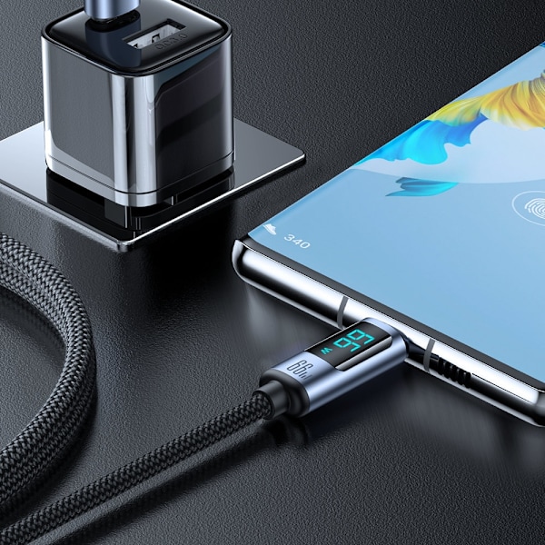Kabel med LED display USB-C - USB-A 66W 1,2m sort