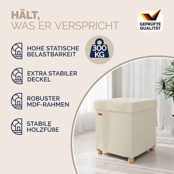 Beige fløjls foldbar skammel med opbevaring
