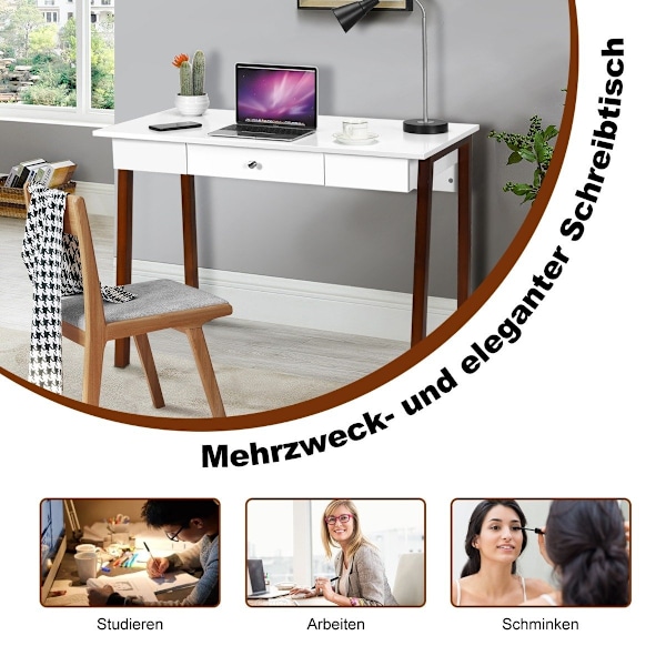 Skrivebord med skuffe, computerbord, gummibordsben, toiletbord, kontorbord, brun