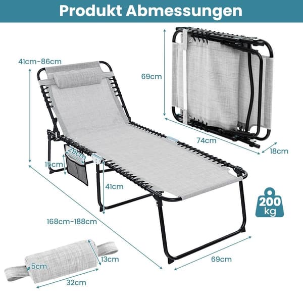 Fällbar solstol med nackstöd &amp; Sidoficka &amp; Justerbart ryggstöd trädgårdsstol grå