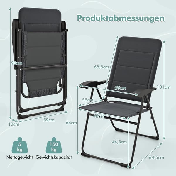 2-delte foldbare havestole, justerbar ryglæn, grå