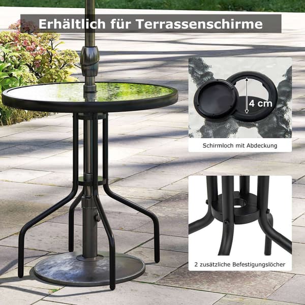 Bistrobord med hul til paraply, 70 cm glasplade