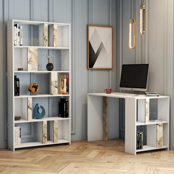 Arbetsbord & bokhylla Lima - Vit marmor
