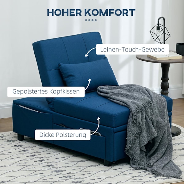 3-i-1 sovesofa med sengefunktion, udtrækssovesofa, sovestol med sidelomme, justerbart ryglæn, bæreevne op til 150 kg, til stue, soveværelse, blå