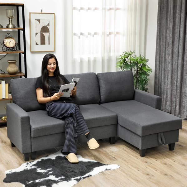 L-formet sovesofa med opbevaring, vendbar chaiselong, grå