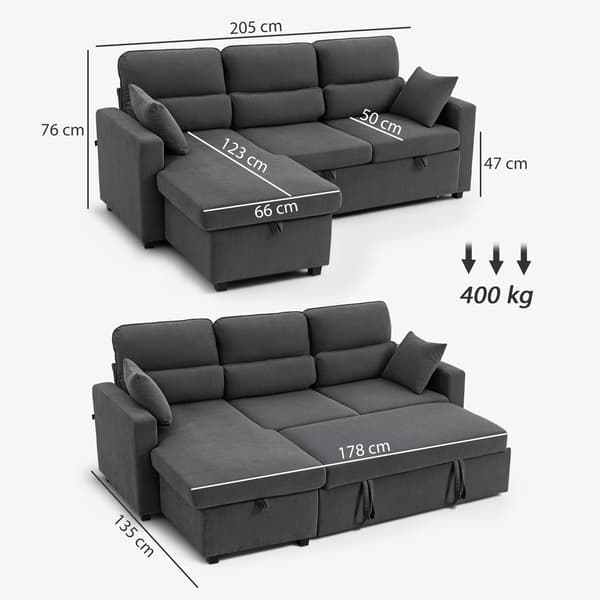 Justerbar L-formet sovesofa med opbevaring, mørkegrå