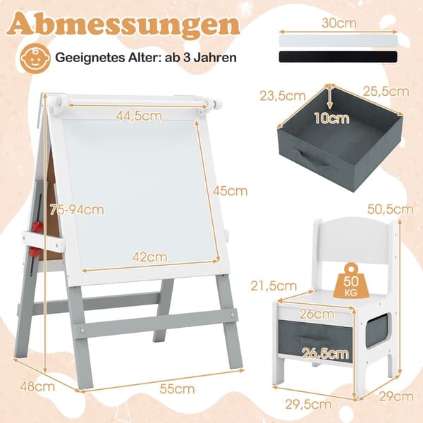 Justerbart børnestaffeli med tavle og whiteboard, grå