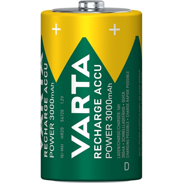 Ladattava Ni-MH-Akku D | 1.2 V DC | 3000 mAh | Esiladattu | 2 - Läpipainopakkaus | HR20 | Keltainen / Vihreä
