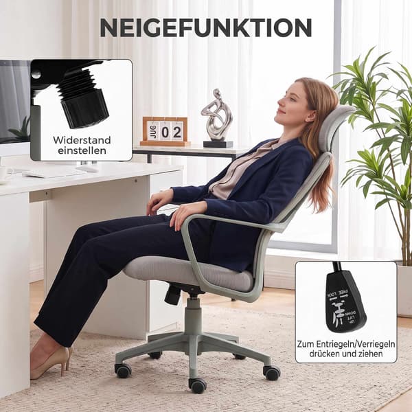 Ergonomisk kontorsstol, justerbar höjd med nackstöd, grå